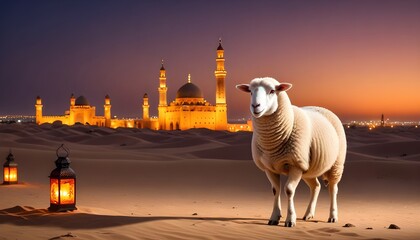 Obraz premium Eid ul adha mubarak theme a sheep is standing with a lot of islamic lantern lights in different colours around it behind beautiful view of mosque and dark night with stars along eid celebrations