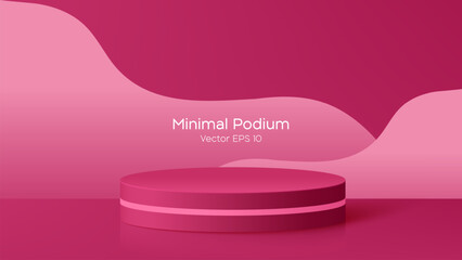 3D Minimal podium room with 3 set of steps realistic pink color cylinder stand podium. Podium wall with studio light for mockup product display.