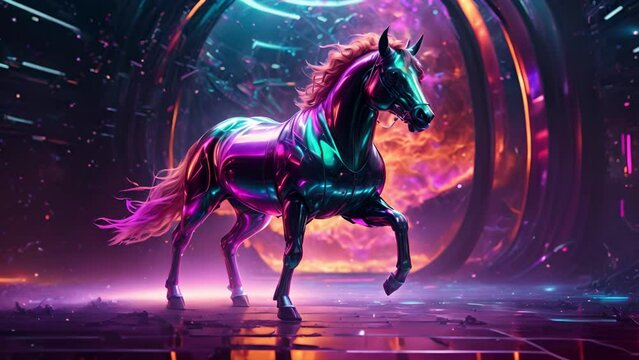 ネオンカラーの馬ロボット,Generative AI 