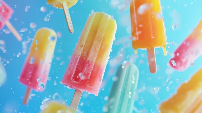 Colorful rainbow popsicles floating on a colored gradient background.