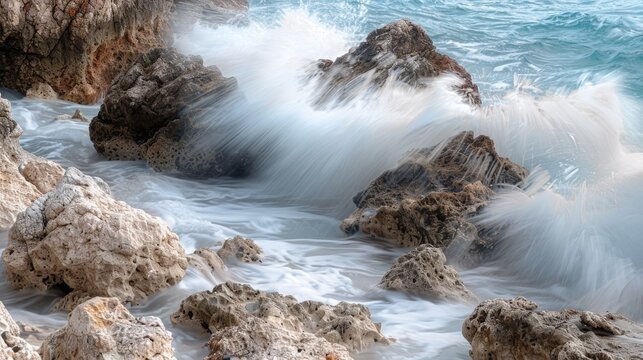 Ocean waves crashing against rocky coastline, capturing the dynamic interaction between sea and land, ideal for nature and landscape photography

