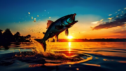 Fototapeta premium Dusk's Dance I AI Illustration of a Fish Leaping into the Sunset Glow