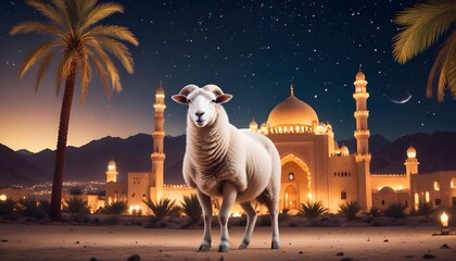Obraz premium Eid ul adha mubarak theme a sheep is standing with a lot of islamic lantern lights in different colours around it behind beautiful view of mosque and dark night with stars along eid celebrations