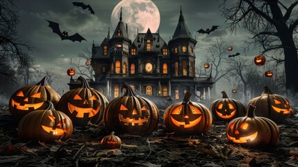 Spooky Halloween pumpkin in front of a house. Scary setting with a carved pumpkin in the forefront and a mysterious mansion amidst a dark, eerie forest It evokes a sense of fear and the supernatural