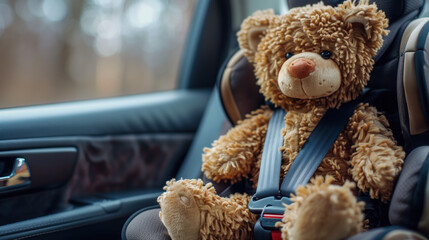 Teddy bear sitting in a car seat with a seatbelt.