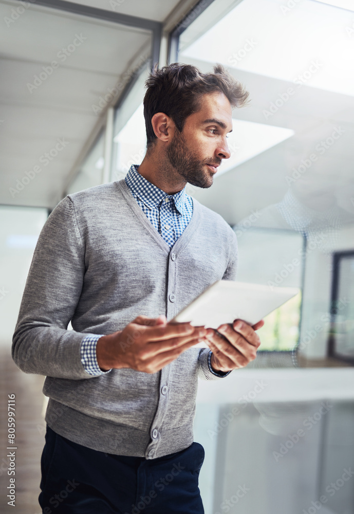 Poster planning, thinking and tablet with business man in office for browsing or internet research. app, em
