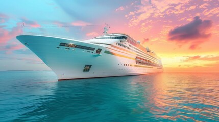 Cruise Ship at Sunset: A majestic cruise ship sails across the ocean against a stunning sunset, reflecting vibrant hues on the water. - Powered by Adobe