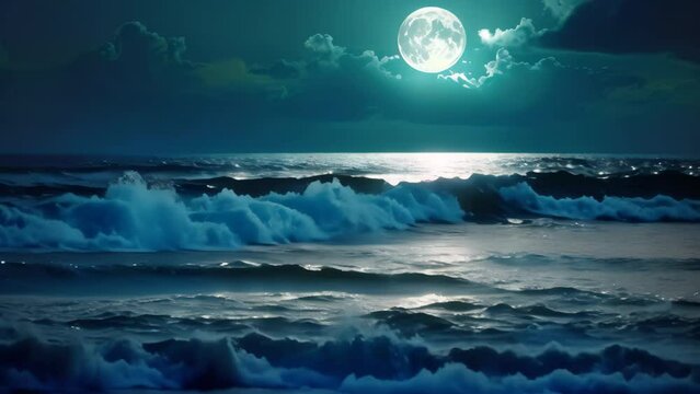 A stunning sight of a full moon shining brightly over the deep blue waters of the ocean, A moonlit ocean with glittering waves