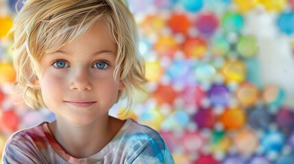 Childhood, portrait of happy boy in front of colorful background, joy joyful kid kindergarten little