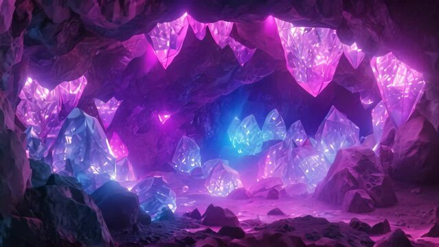 Discover the mesmerizing beauty of a cave adorned with an array of intense purple and blue lights, A mysterious cave filled with glowing gemstones