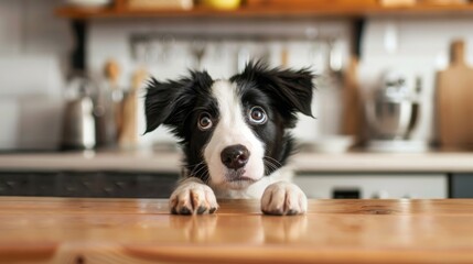 Adorable border collie puppy dog at home, begging for food in the kitchen. Cherishing life with a best friend