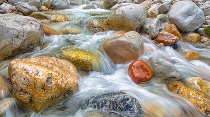 Dynamic close-up of water flowing over river rocks, highlighting nature's textures and movements, Concept of natural forces and persistence
