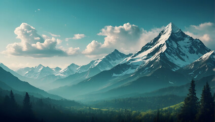 Turquoise Mountain Landscape with Clouds