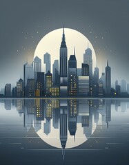A city skyline with uniform building shapes in dark shades of blue and gray. Add subtle yellow windows and a simple reflection in the water, under a moonlit gradient sky
