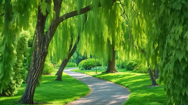 A winding path meanders through a park, flanked by a row of stately trees, A pathway enveloped by weeping willow trees in a park