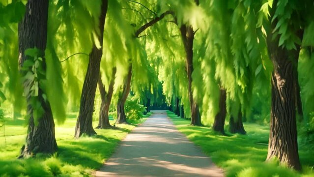 A well-maintained path surrounded by tall trees and greenery provides a picturesque walk in the heart of a park, A pathway enveloped by weeping willow trees in a park