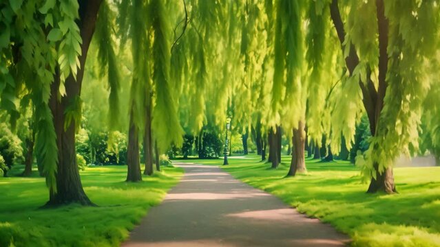 A curving path, flanked by a row of towering trees, leads through a bustling city park, A pathway enveloped by weeping willow trees in a park