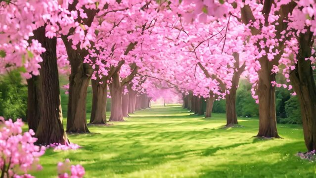 A row of trees with vibrant pink flower blossoms on their branches, creating a colorful and lively landscape, A peaceful alley of cherry blossom trees in a lush green park