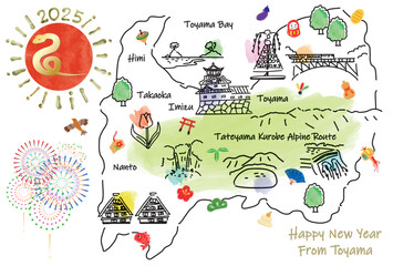 富山県の観光地のイラストマップ年賀状2025年