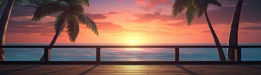 Obraz premium A beautiful sunset over the ocean with palm trees in the background