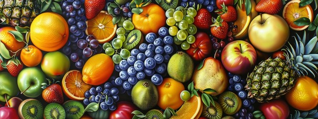 A vibrant and colorful display of various fruits, including pineapples, apples, oranges, grapes, bananas, blueberries, strawberries, kiwi, peaches, grapefruit, mangoes, black plums.