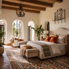 master bedroom old world style, contemporary twist, arched architecture 