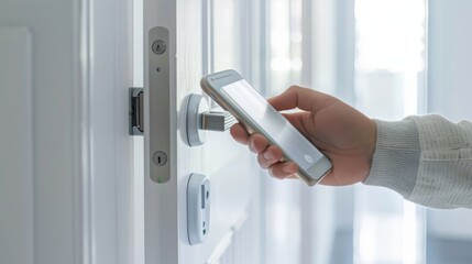 Hand using smartphone for close digital door lock at home or apartment. NFC Technology, Fingerprint scan, keycard, PIN number, smartphone, electrical and contactless lifestyle concepts