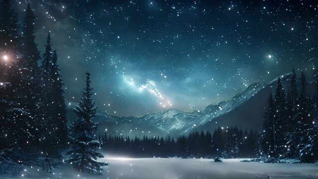 A painting capturing a winter night scene with snow and a starry sky, A peaceful, snowy landscape with twinkling stars and northern lights
