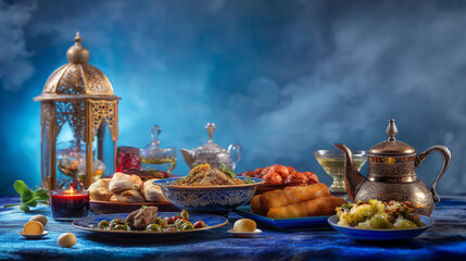Ramadan food composition in the centre with ornaments and blue background 4k