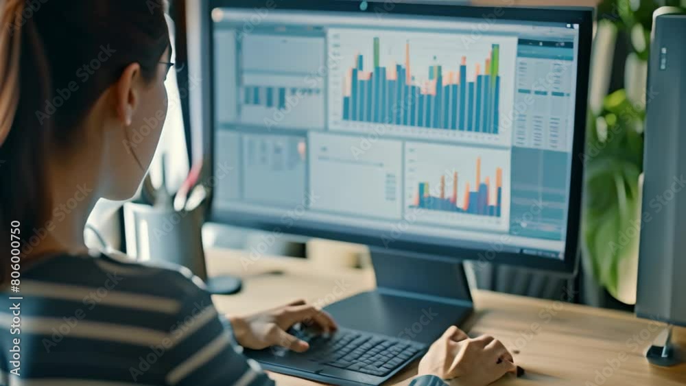 Poster a woman sitting at a desk in an office while using a computer, a person analyzing statistical data o