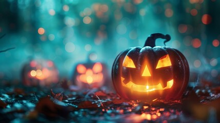 Fototapeta premium Spooky Halloween pumpkin in front of a house. Scary setting with a carved pumpkin in the forefront and a mysterious mansion amidst a dark, eerie forest It evokes a sense of fear and the supernatural