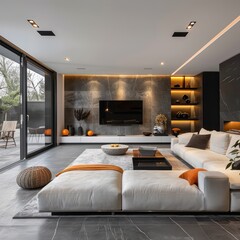 modern living room, concrete walls, grey tones with brown and beige accents, height space, large window