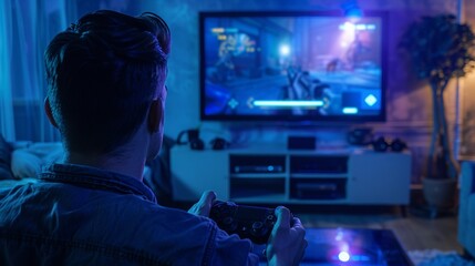 Man plays SF singleplayer game with overlay HUD showing health bars and minimap on widescreen TV. Gamer enjoying high quality ray tracing graphics in console videogame, panning shot