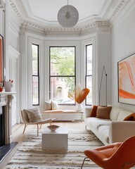 modern living room, white walls, crown molding