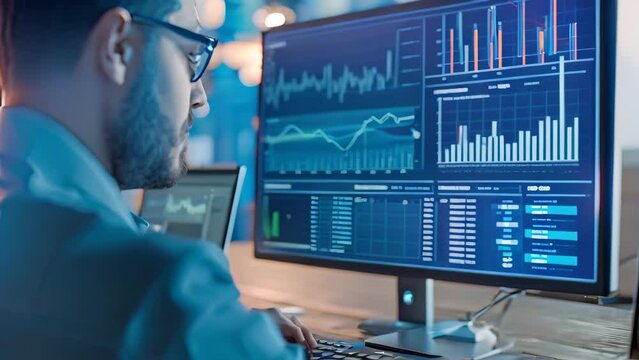 A man earnestly engages in work while sitting in front of a computer monitor, his attention fixed on the screen, A person analyzing statistical data on computer screen