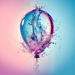Splashing water from exploding water balloon freezed with high shutter speed, separated from pastel background