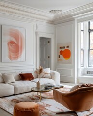 modern living room, white crown molding