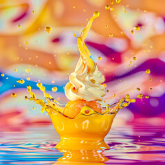 Colorful splash of cream and orange, set against a multicolored background, embodying vibrant energy and creativity.
