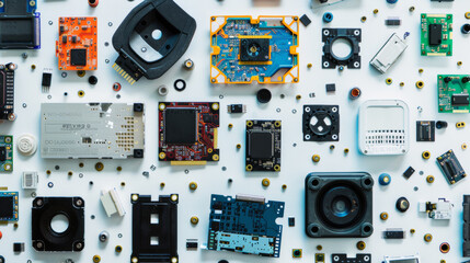 Broken electronic parts arranged artistically on a stark white background, to illustrate e-waste recycling