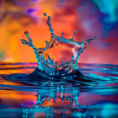 A dramatic liquid crown splash captured in high-speed photography, set against a multicolored, vivid background.
