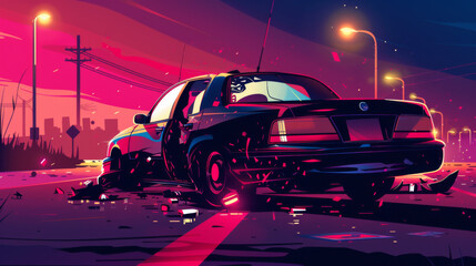 Fototapeta premium Digital art of a twilight urban scene showing a crashed car with a colorful skyline in the background, conveying a sense of drama and urgency.