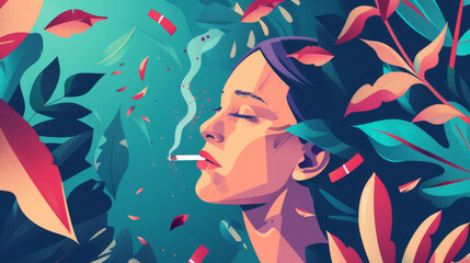 Naklejka premium A digital illustration of a woman leisurely smoking a cigarette, her profile framed by vivid tropical foliage, evoking a relaxed yet thought-provoking mood.