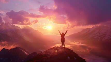 A silhouette of a person with arms raised in celebration on a mountain top, captured against the dramatic backdrop of a summer sunset.
