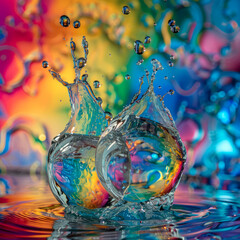 Graphic element of Artistic Double Splash in Glass with Colorful Reflections
