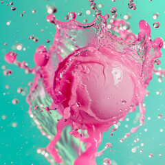 Pink Paint Splashing ice cream from falling into water, Turquoise background