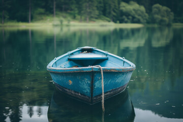 A blue wooden rowboat calmly in a lake surrounded by trees