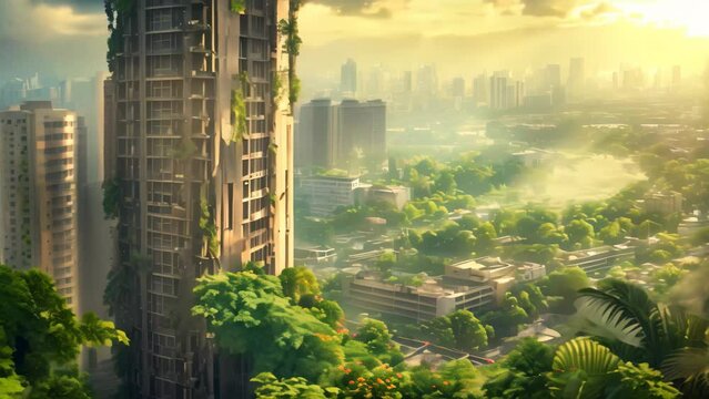 Impressive High-rise With Overgrown Fa&Atilde;&sect;ade, A post-apocalyptic cityscape overgrown with flora and devoid of people