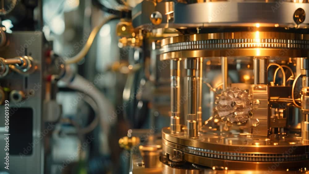 Poster a detailed view of the inner workings of a machine, featuring a prominently displayed clock, a quant