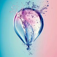 Captivating high-speed photography of a water balloon bursting in a heart shape against a gradient blue and pink background