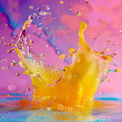  A colorful splash of orange liquid captured against a vivid multicolored background, highlighting fluid dynamics and energy